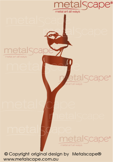 Metalscape - Metal Garden Art - Gardenscape -Wren 3 (tail up) on Spade Handle