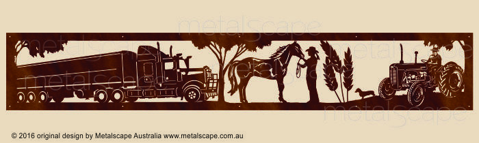 Countryscape - Metalscape - Metal Art - Farm-Panoramic Kenworth Tipper, horse and girl, wheat T35 Ferguson Tractor