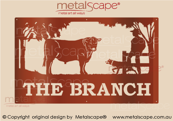Metalscape - Farm Property Signs-Large Property Sign - Angus Steer with Man on fence and Kelpie