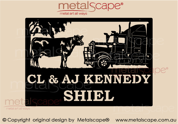 Metalscape - Farm Property Signs-Large Property Sign - Angus Cow & Kenworth Truck