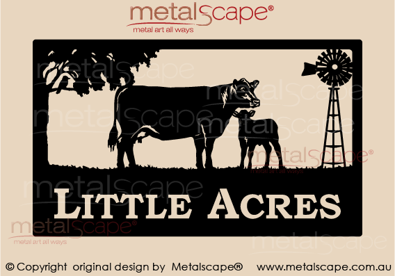 Metalscape - Farm Property Signs-Large Property Sign - Angus Cow & Calf, Windmill