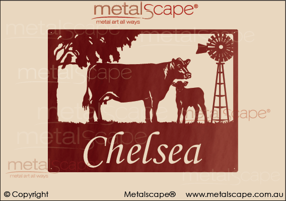 Metalscape - Farm Property Signs-Medium Property Sign  Angus Cow, Calf and Windmill