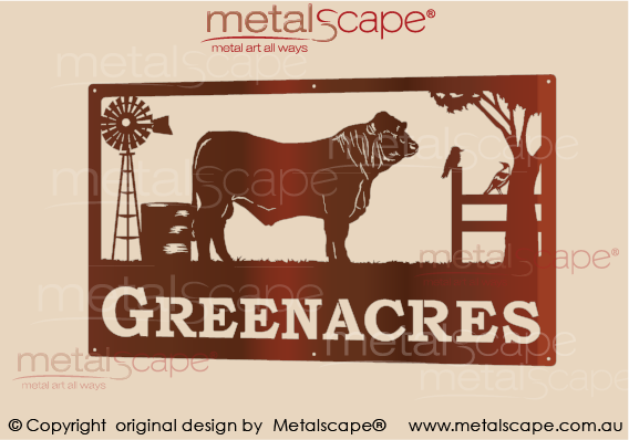 Metalscape - Farm Property Signs-Large Property Sign -  Charbray Bull, Windmill, Boab Tree, Magpie and Kookaburra