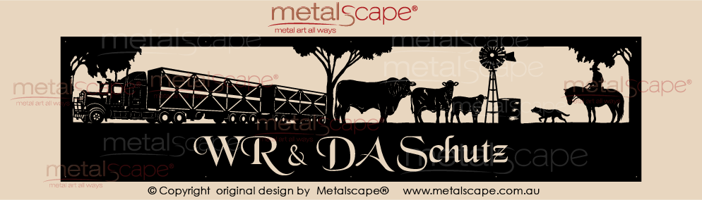 Metalscape - Farm Property Signs-Panoramic Farm Property Sign -Cattle Truck,Santa Gertrudis Cattle, windmill, dog and rider.