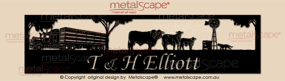 Metalscape - Farm Property Signs-Panoramic Farm Property Sign - Angus Cattle, windmill & 4 riders