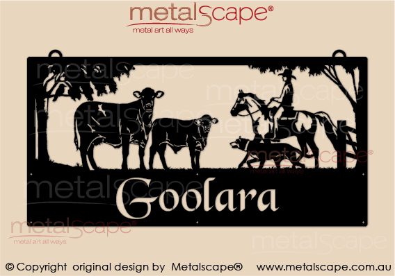 Metalscape - Farm Property Signs-XL Property Sign -Santa Gertrudis cow & calf with rider and kelpie
