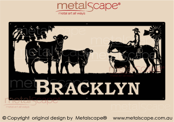 Metalscape - Farm Property Signs-XL Property Sign - Santa Gertrudis cow & calf with rider and Collie