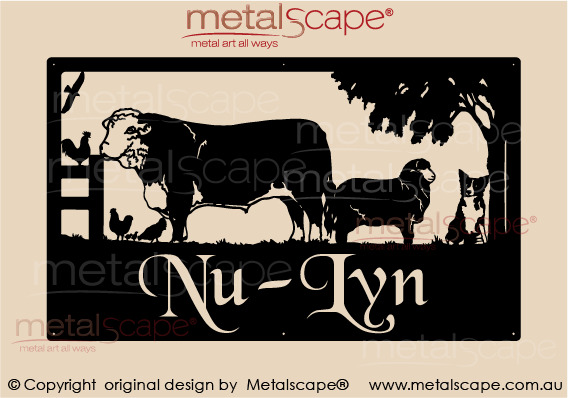Metalscape - Farm Property Signs-Large Property Sign - Hereford Bull, Merino Ewe, Collie Dog & Chickens