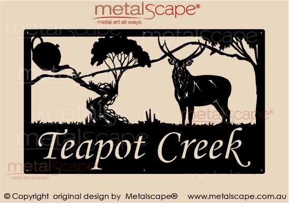 Metalscape - Farm Property Signs-Large Property Sign - Sambar Deer, Teapot, Mountain & Creek