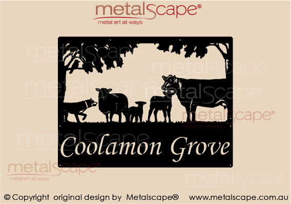 Metalscape - Farm Property Signs-Medium Property Sign - Angus Cow & Calf, X Breed Sheep, Stalking Kelpie