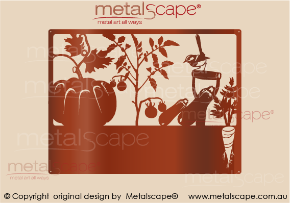 Metalscape - Farm Property Signs-Medium Property Sign - Wren 5 on spade with Vegetable Garden, pumpkins, zucchinis & tomatoes