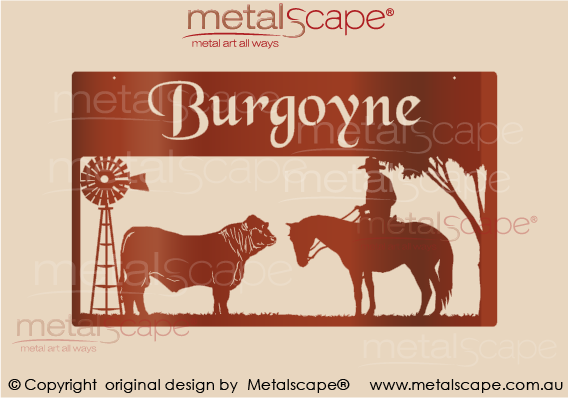Metalscape - Farm Property Signs-Large Property Sign - Horse & Rider, Charbray Bull & Windmill