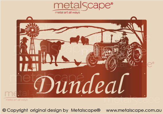 Metalscape - Farm Property Signs-Large Property Sign - Massey Ferguson, Merinos, Cow and Woman