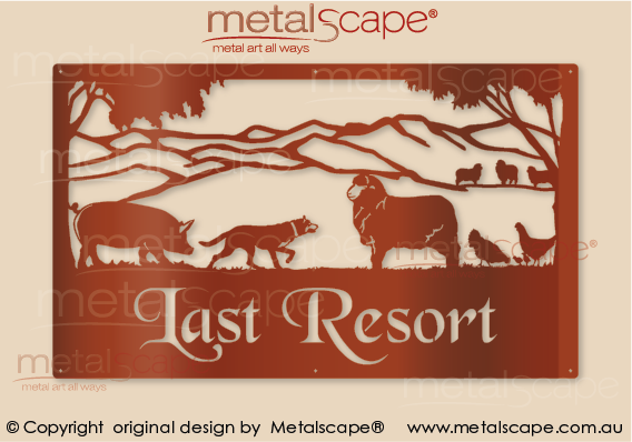Metalscape - Farm Property Signs-Large Property Sign -  Pig, Kelpie Merinos, Chickens & Mountains
