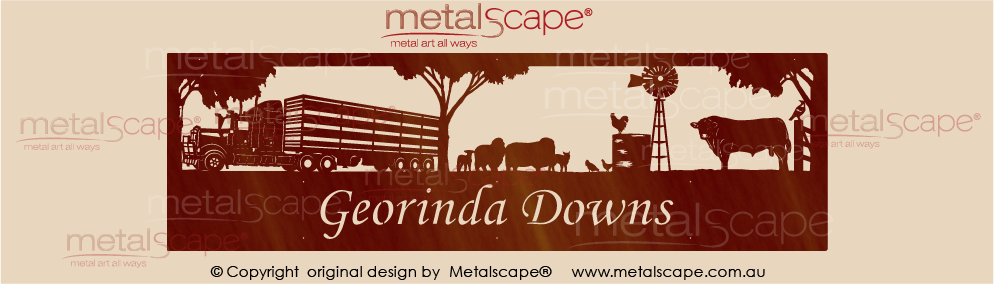 Metalscape - Farm Property Signs-Panoramic Property Sign -Kenworth Sheep Crates, Merinos, Windmill, Watertank, Angus Bull