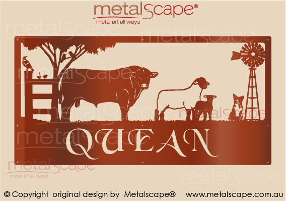 Metalscape - Farm Property Signs-XL Property Sign -  Angus Bull,Dorper ewe and lamb Collie dog windmill and birds