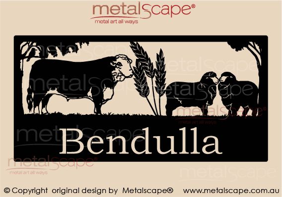 Metalscape - Farm Property Signs-XL Property Sign -  Poll Hereford Bull on LHS, large wheat image in middle, merino sheep