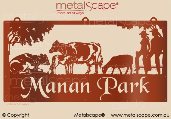 Metalscape - Farm Property Signs-XL Property Sign - Friesian Cattle, Dorper Sheep, Man & Woman on fence