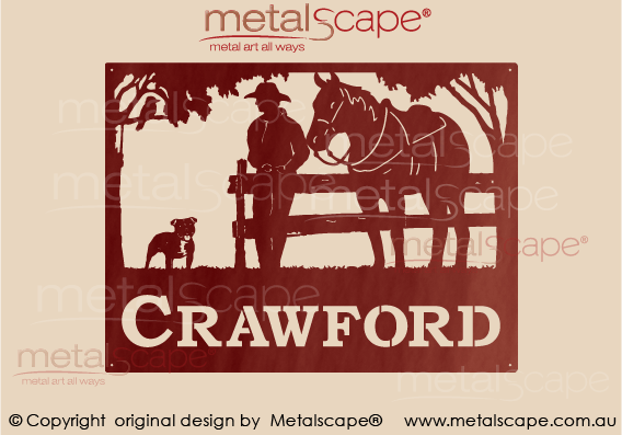 Metalscape - Farm Property Signs-Medium Property Sign - Man on fence, Horse and Staffordshire Bull Terrier Dog