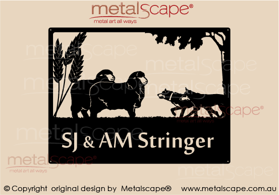 Metalscape - Farm Property Signs-Property sign - 2 Merinos, 2  Kelpie and Wheat