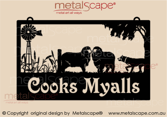 Metalscape - Farm Property Signs-Large Property Sign - Merino Ewes, Kelpie, Windmill & wheat