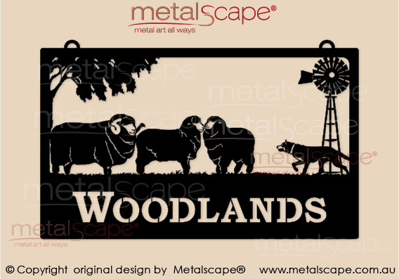 Metalscape - Farm Property Signs-Large Property Sign - Merino Sheep, Windmill and Stalking Kelpie