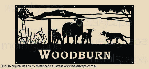 Metalscape - Farm Property Signs-Property Sign - Cross Breed Sheep, Windmill, Kelpie, Wheat and Mountain Range