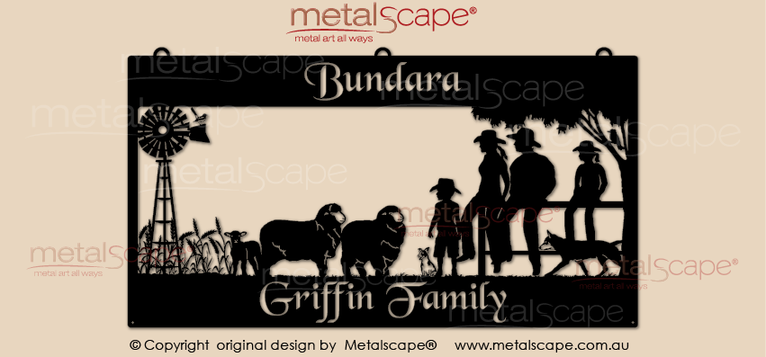 Metalscape - Farm Property Signs-Property Sign - Windmill, Wheat, merinos and family