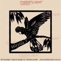 Black Cockatoo on branch Property Name cut into branch