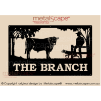 Large Property Sign - Angus Steer with Man on fence and Kelpie