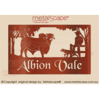 Large Property Sign - Brahman Bull, Man on Fence & Kelpie