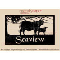 Large Property Sign - Droughtmaster Cow, Calf and Mountain Range