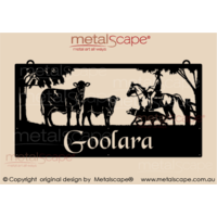 XL Property Sign -Santa Gertrudis cow & calf with rider and kelpie