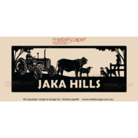 XL Property Sign - Ferguson 35, Brahman Cow & Calf, dogs and lady on fence