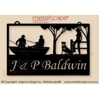 Medium Property Sign -  Fisherman in boat, Rottweiler, Lady on Fence