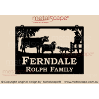 Large Property Sign - Angus Cow, Merino, Kelpie and man on fence