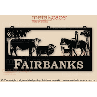 Farm Property Sign -  Hereford Cow and Merino Ram with rider and Collie