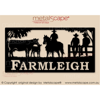 Farm Property Sign -  Angus Cow and Calf,  Horse rider, 2 guys on fence