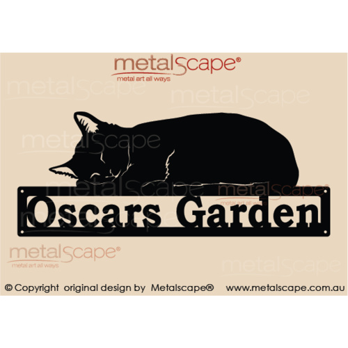 Metalscape - Metal Garden Art - Gardenscape -Cat Memorial Sign - Sleeping Cat on top of Frame