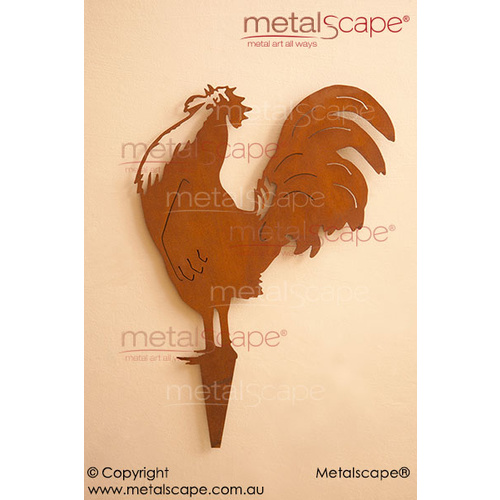 Metalscape - Metal Garden Art - Gardenscape -Crowing Rooster on Spike - Rust