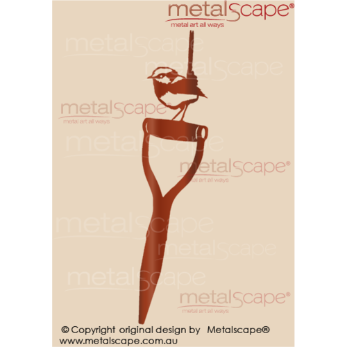 Metalscape - Metal Garden Art - Gardenscape -Wren 3 (tail up) on Spade Handle
