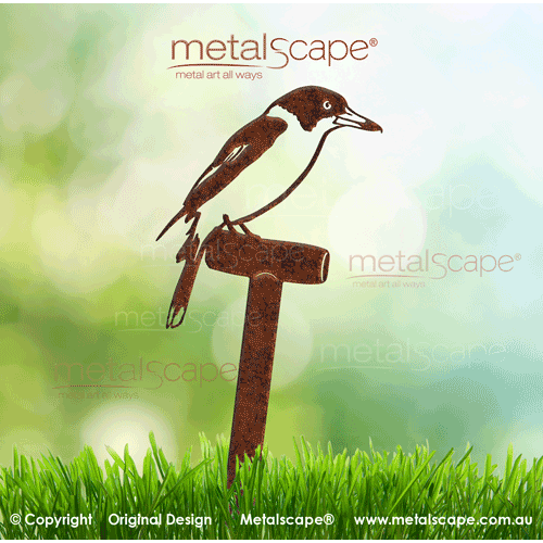 Metalscape - Metal Garden Art - Gardenscape -Butcherbird on spade