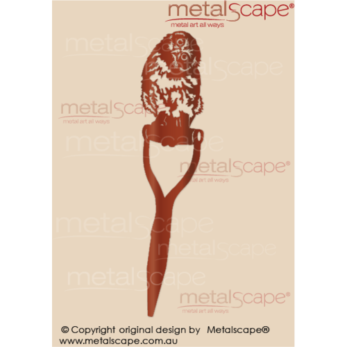 Metalscape - Metal Garden Art - Gardenscape -Boobook Fledgling (Mopoke) Owl on Spade Handle