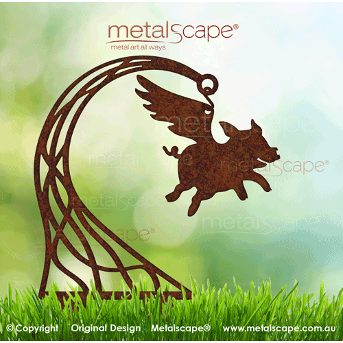 Metalscape - Metal Garden Art - Gardenscape -Flying Pig "Hovering" with Stand