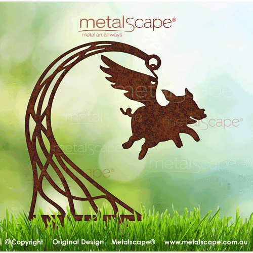 Metalscape - Gardenscape - Metal Garden Art-Flying Pig "Hovering" with Stand