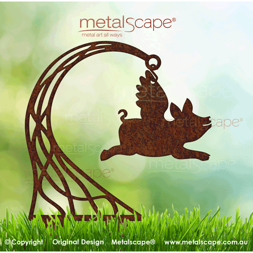 Metalscape - Metal Garden Art - Gardenscape -Flying Pig "Outstretched" with Stand