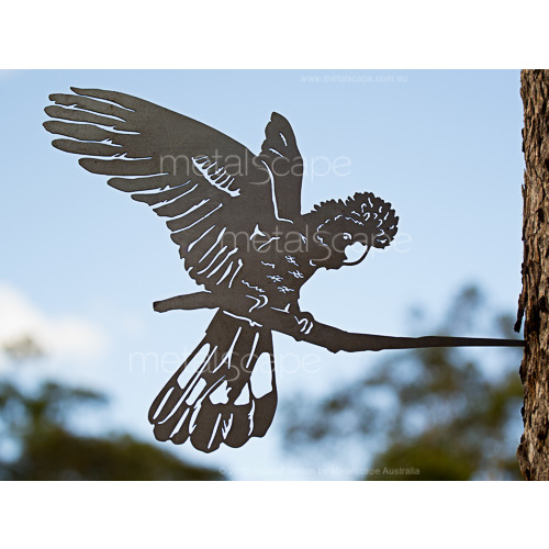 Metalscape - Metal Garden Art - Gardenscape -Black Cockatoo landing on tree mount spike