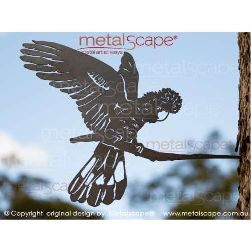 Metalscape - Metal Garden Art - Gardenscape -Black Cockatoo landing on tree mount spike