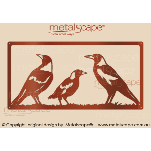 Metalscape - Metal Garden Art - Gardenscape -Magpies 2 Adults and Fledgling in Frame - Wall Art
