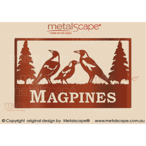 Metalscape - Farm Property Signs-Large Property Sign - 3 Magpies & Pine Trees